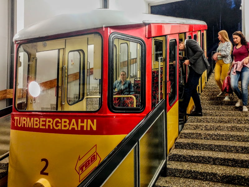 Some levity our trip with the nostalgic old-school funicular up to the castle on Turmberg for some Riesling with a view.