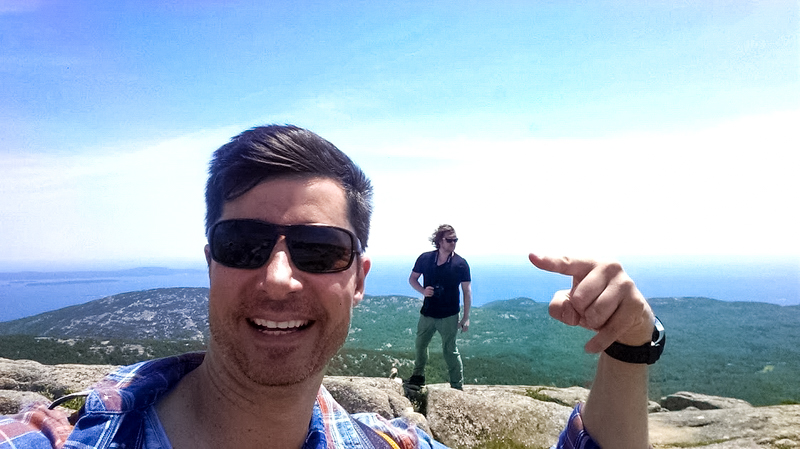 C. Ludgate and travel buddy Steve LaCroix on Maine Coastal road-trip reach Sunrise on Cadillac Mountain.