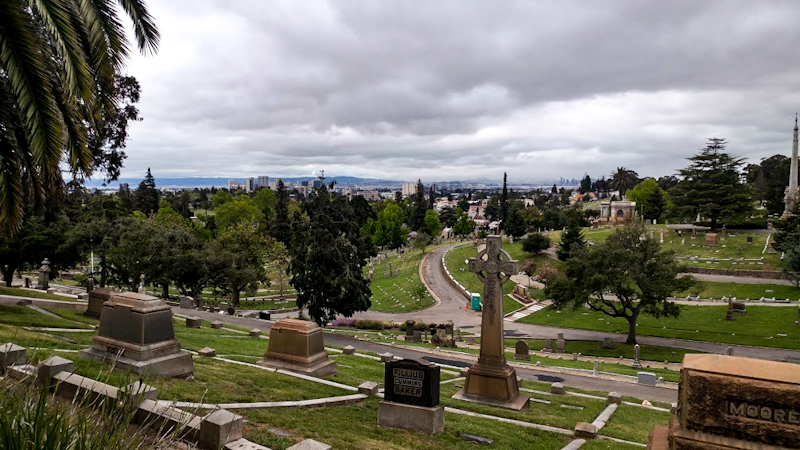 A misty morning begins to lift to reveal vistas of the San Fran Bay at Mountain View Cemetery and Parks area.