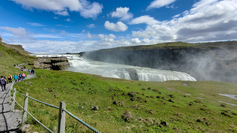 Gullfoss or 'Golden Falls' on Iceland's Golden Circle of wonders gives a unique perspective from above.