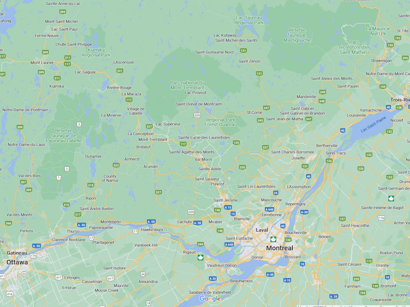 Geographical map of Quebec Wellness Adventure itinerary.