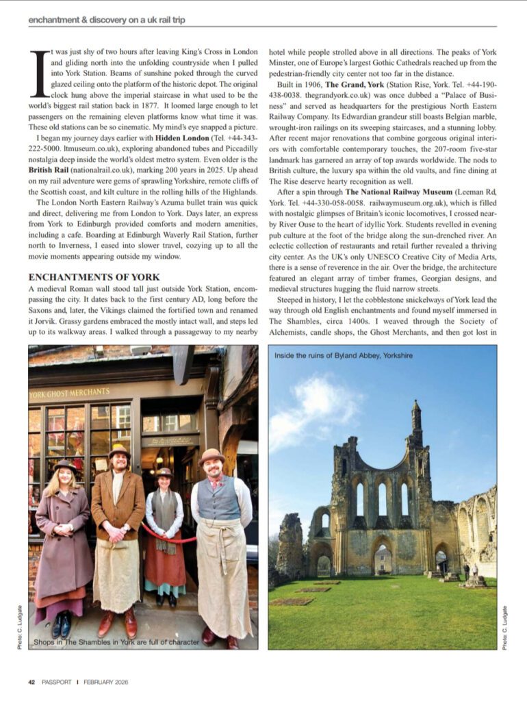 Enchantments on a UK Rail Trip by Christopher Ludgate as seen in Passport Magazine, February 2026